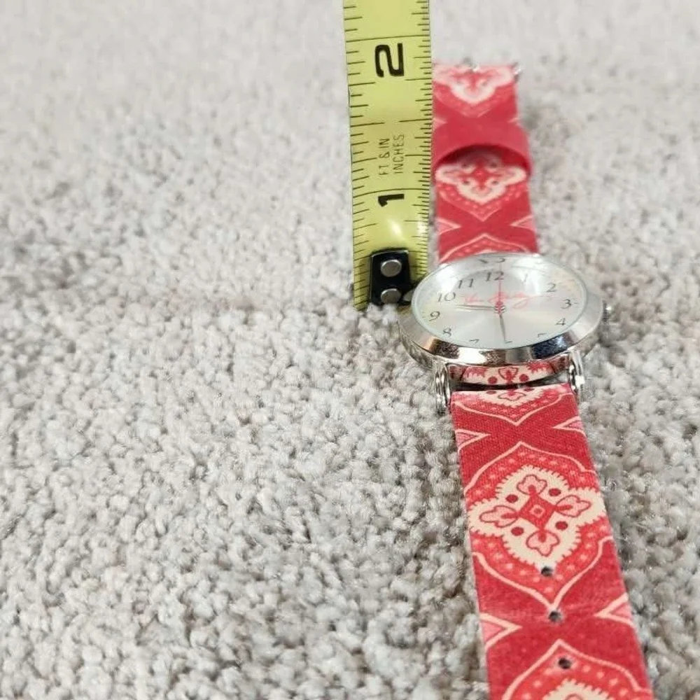 Vera Bradley Watch Red White Patterned Strap Silver Tone Bezel Womens